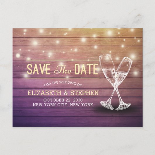 Carte Postale Faire-part Mariage Enregistrer La Date Champagne Verres Bois  (Devant)