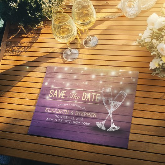 Carte Postale Faire-part Mariage Enregistrer La Date Champagne Verres Bois