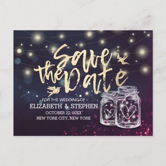 Carte Postale Faire-part Mariage Enregistrer La Date Chic Mason Jar Lumière (Devant)