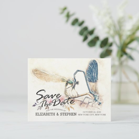 Carte Postale Faire-part Mariage Enregistrer La Date Dragonfly Mating Love  (Debout devant)
