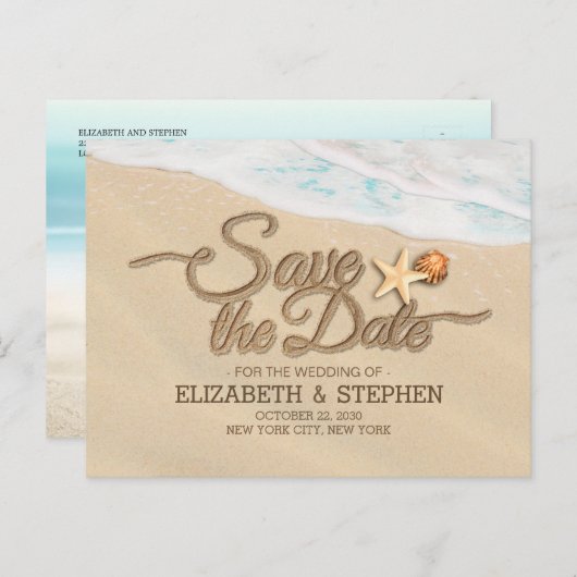 Carte Postale Faire-part Mariage Enregistrer La Date Été Sandy Beach Starfi (Devant / Derrière)