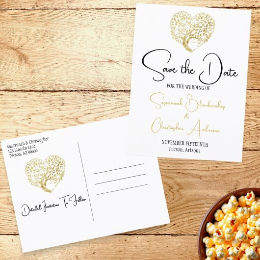 Carte Postale Faire-part Mariage Enregistrer la date Gold Heart Tree sur bl