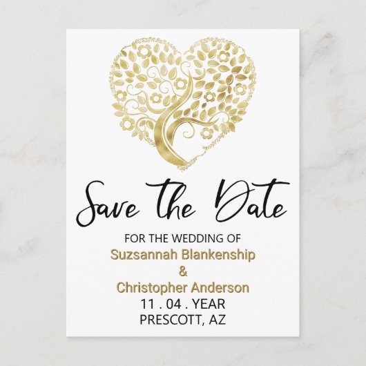 Carte Postale Faire-part Mariage Enregistrer La Date Gold Tree Heart (Devant)