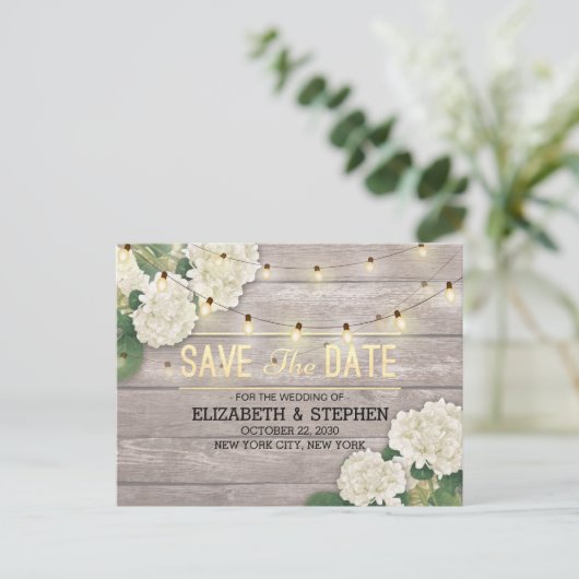 Carte Postale Faire-part Mariage Enregistrer La Date Hydrangea String Light (Debout devant)