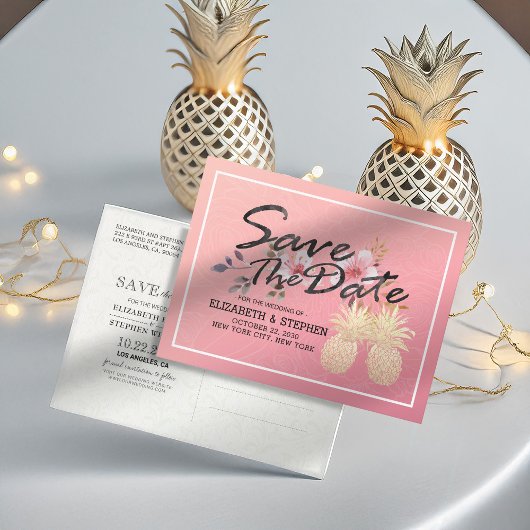 Carte Postale Faire-part Mariage Enregistrer La Date Moderne Or Ananas Coup