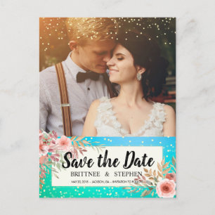 Carte Postale Faire-part Mariage Enregistrer La Date Photo Floral Turquoise
