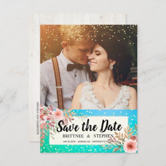 Carte Postale Faire-part Mariage Enregistrer La Date Photo Floral Turquoise (Devant / Derrière)