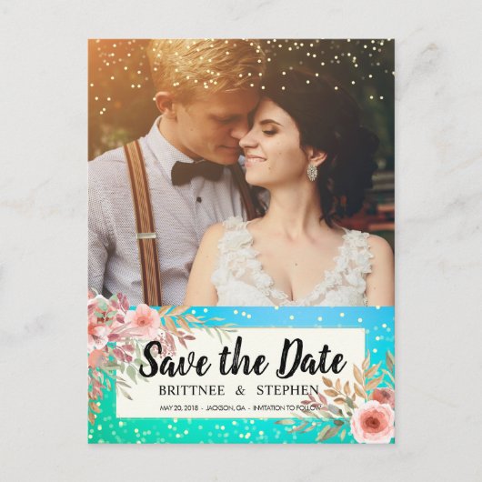 Carte Postale Faire-part Mariage Enregistrer La Date Photo Floral Turquoise (Devant)