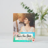 Carte Postale Faire-part Mariage Enregistrer La Date Photo Floral Turquoise (Debout devant)