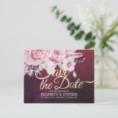 Carte Postale Faire-part Mariage Enregistrer La Date Plumes Florales Burgun (Debout devant)
