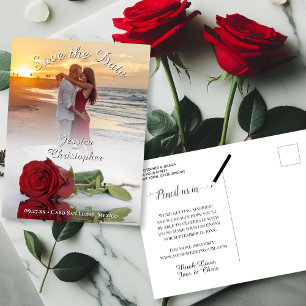 Carte Postale Faire-part Mariage Enregistrer la date Rose rouge Photo Overl