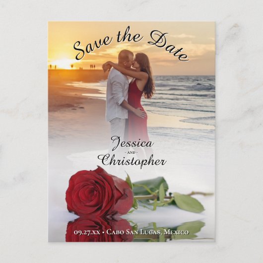 Carte Postale Faire-part Mariage Enregistrer la date Rose rouge Photo Overl (Devant)