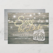 Carte Postale Faire-part Mariage Enregistrer La Date Rustique Bois Mason Lu (Devant / Derrière)