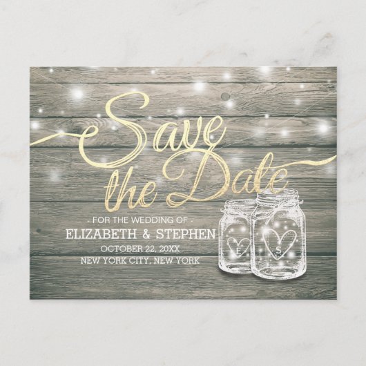 Carte Postale Faire-part Mariage Enregistrer La Date Rustique Bois Mason Lu (Devant)