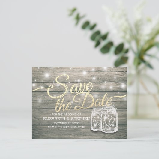 Carte Postale Faire-part Mariage Enregistrer La Date Rustique Bois Mason Lu (Debout devant)