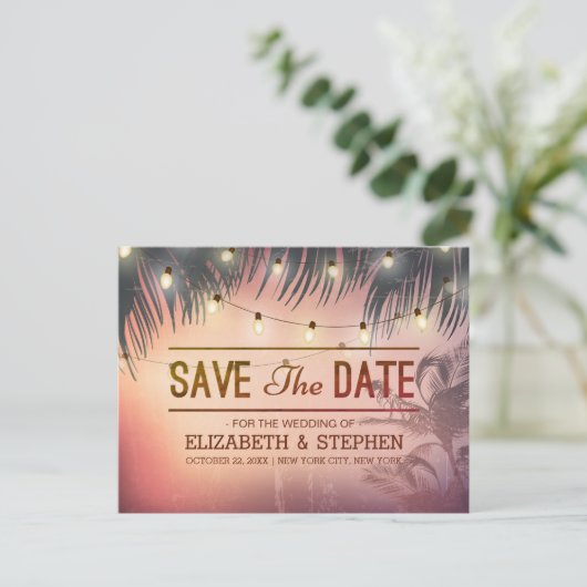 Carte Postale Faire-part Mariage Enregistrer La Date Summer Beach Palm Tree (Debout devant)