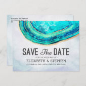 Carte Postale Faire-part Mariage Enregistrer La Date Turquoise Gold Agate G (Devant / Derrière)