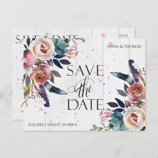 Carte Postale Faire-part Mariage Enregistrer Les Dates | Boho Blue & Misty  (Devant / Derrière)