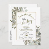 Carte Postale Faire-part Mariage Eucalyptus & Pin Doré Enregistrez la Date (Devant / Derrière)