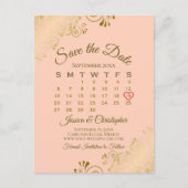 Carte Postale Faire-part Mariage fantaisie or & pêche Enregistrer le calend (Devant)