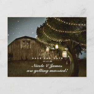 Carte Postale Faire-part Mariage Fête de Barn Rustique & Lumières d'Arbre E