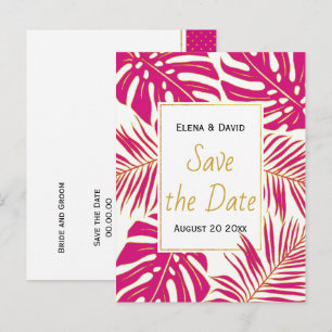 Carte Postale Faire-part Mariage feuille magenta rose tropicale Enregistrer