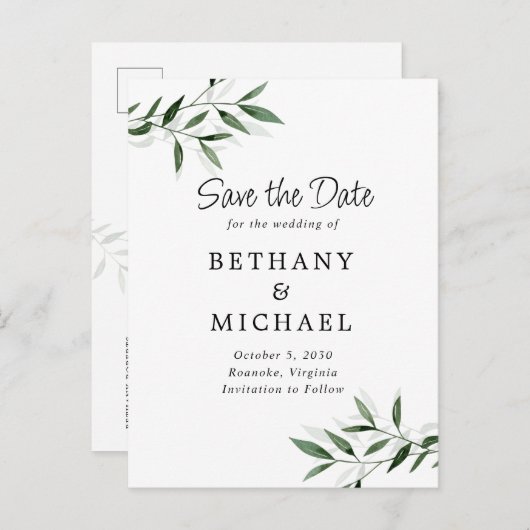 Carte Postale Faire-part Mariage Feuilles délicieux Eucalyptus Enregistrer  (Devant / Derrière)