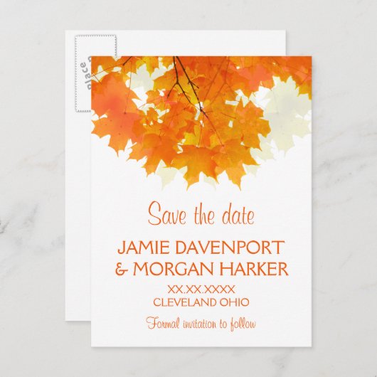 Carte Postale Faire-part Mariage Feuilles d'Érable d'Automne Enregistrez la (Devant / Derrière)
