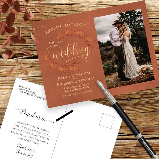 Carte Postale Faire-part Mariage Feuilles en terre cuite Enregistrer la dat