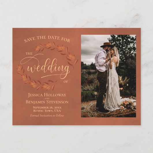 Carte Postale Faire-part Mariage Feuilles en terre cuite Enregistrer la dat (Devant)