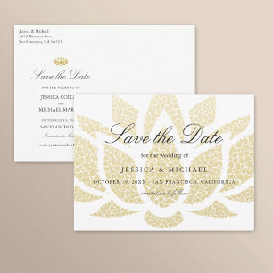 Carte Postale Faire-part Mariage Fleur de Lotus Doré Enregistrer la Date Pe