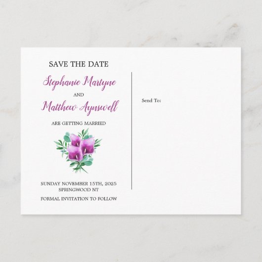 Carte Postale Faire-part Mariage Fleur de Lys Pourpre Géométrique Enregistr (Dos)