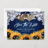 Carte Postale Faire-part Mariage Fleur de Tournesol Bleu Marine Enregistrer (Devant / Derrière)