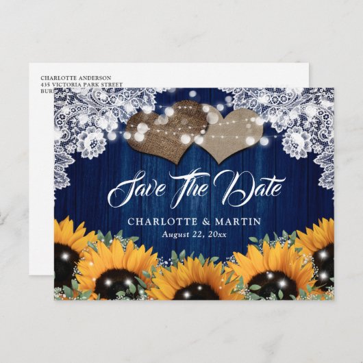 Carte Postale Faire-part Mariage Fleur de Tournesol Bleu Marine Enregistrer (Devant / Derrière)