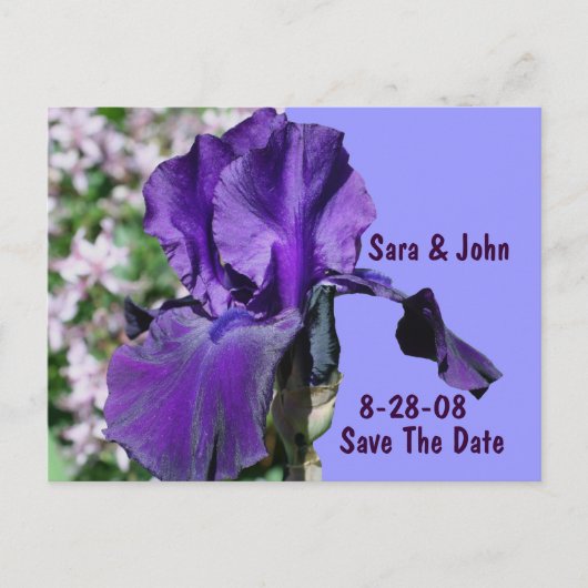 Carte Postale Faire-part Mariage Fleur Iris Violet Enregistrer La Date (Devant)