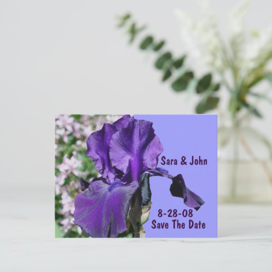 Carte Postale Faire-part Mariage Fleur Iris Violet Enregistrer La Date (Debout devant)