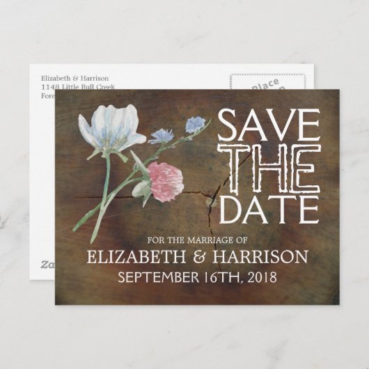 Carte Postale Faire-part Mariage fleur sauvage En Bois De Chêne Enregistrer (Devant / Derrière)