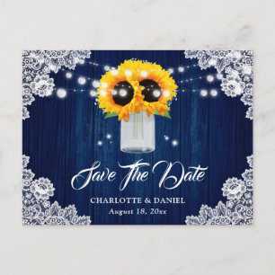 Carte Postale Faire-part Mariage Fleurie en Dentelle de Bois Bleu Marine To