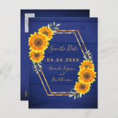 Carte Postale Faire-part Mariage Fleurs de soleil bleu marine rustique Enre (Devant / Derrière)