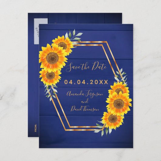 Carte Postale Faire-part Mariage Fleurs de soleil bleu marine rustique Enre (Devant / Derrière)