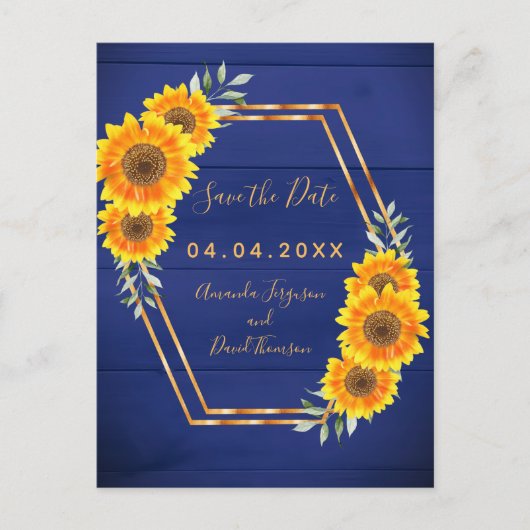 Carte Postale Faire-part Mariage Fleurs de soleil bleu marine rustique Enre (Devant)