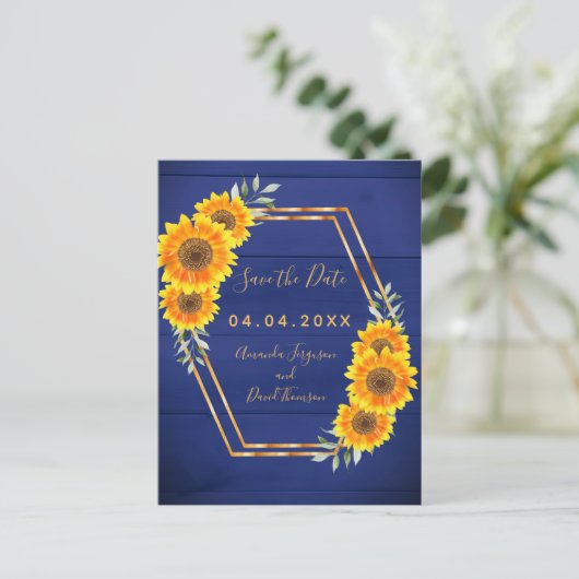 Carte Postale Faire-part Mariage Fleurs de soleil bleu marine rustique Enre (Debout devant)