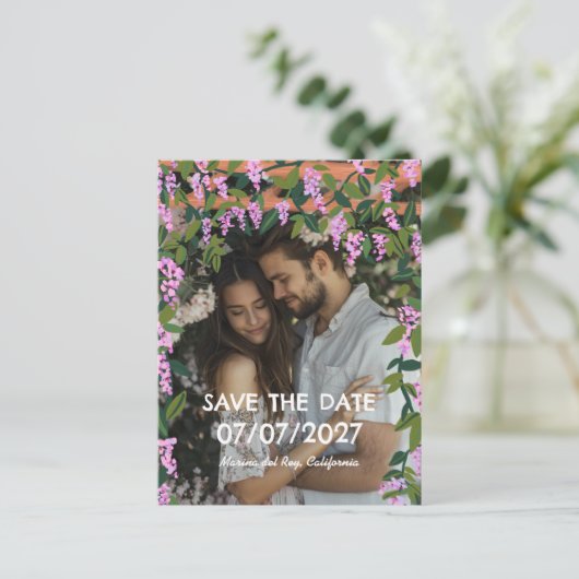 Carte Postale Faire-part Mariage Fleurs personnalisés avec vignes de glycin (Debout devant)