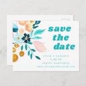 Carte Postale Faire-part Mariage Floral Aquarelle Bleu Sarcelle et Or Bohèm (Devant / Derrière)