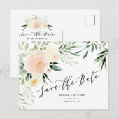 Carte Postale Faire-part Mariage floral aquarelle pêche teintée & feuillage (Devant / Derrière)