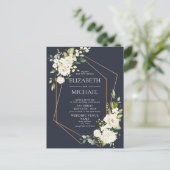 Carte Postale Faire-part Mariage floral blanc blanc bleu cuivré géométrique (Debout devant)