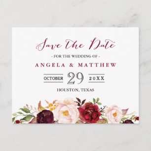 Carte Postale Faire-part Mariage floral Chic Rouge Bourgogne Enregistrer la
