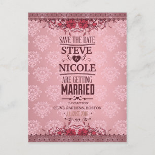 Carte Postale Faire-part Mariage Floral Damask Vintage Économisez La Date
