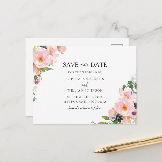 Carte Postale Faire-part Mariage floral de la marine rose vif Enregistrer l (Devant/Arrière en situation)