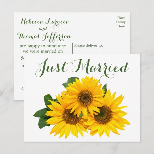 Carte Postale Faire-part Mariage floral jaune vert tournesol juste mariés (Devant / Derrière)